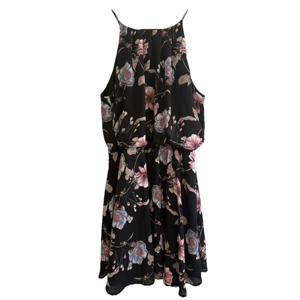 Eclipse Floral Halter Mini Dress Large L/G Black Pink A-Line Blouson Sleeveless.